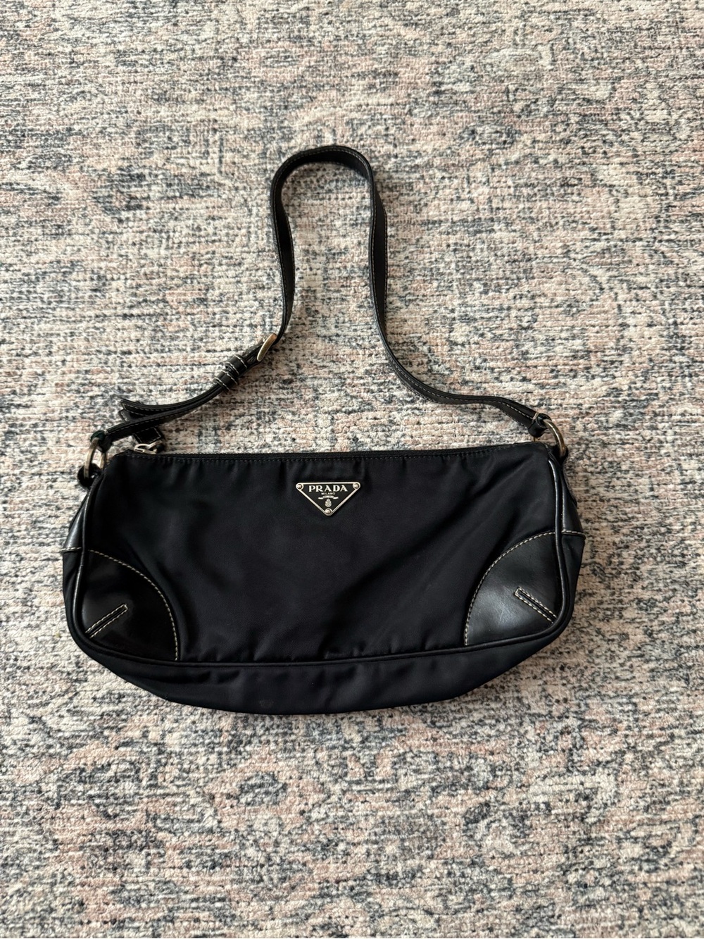 Prada Vintage Black Nylon Shoulder Bag with Leather Trim